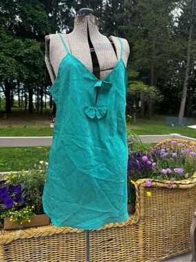 Teal Satin Slip Dress with Front Bows